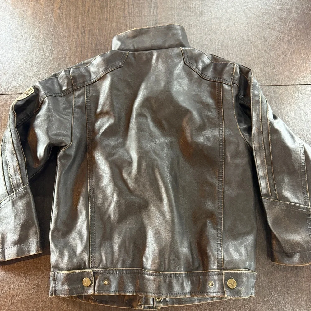 Hawke & Co Boys Helicopter Brown Faux Leather Jacket with Patch Sz 6